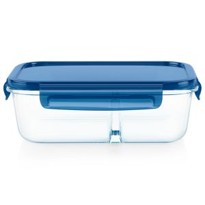 Pyrex® MealBox™ 5.8-cup Divided Glass Food Storage Container with Blue Lid